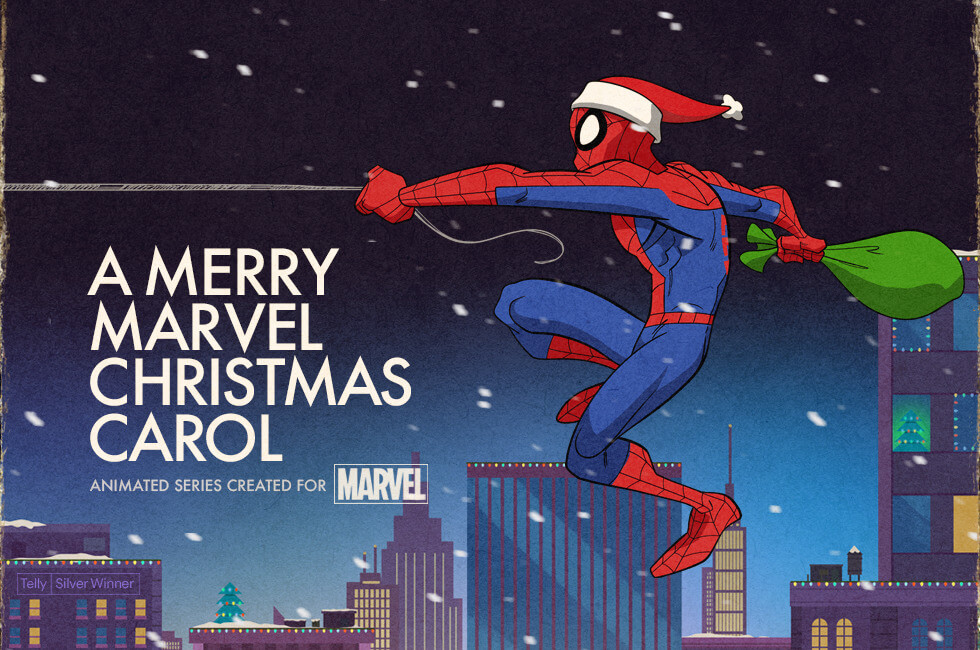 Illustration of Spiderman with the words A Merry Marvel Christmas Carol