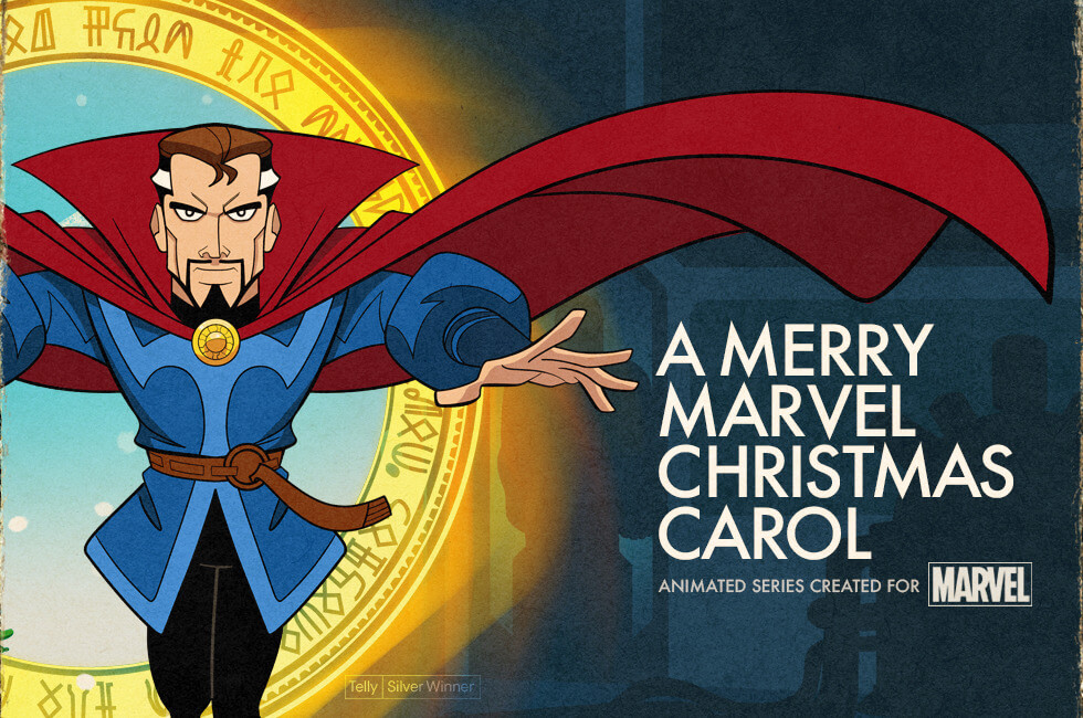 Illustration of Dr. Strange with the words A Merry Marvel Christmas Carol